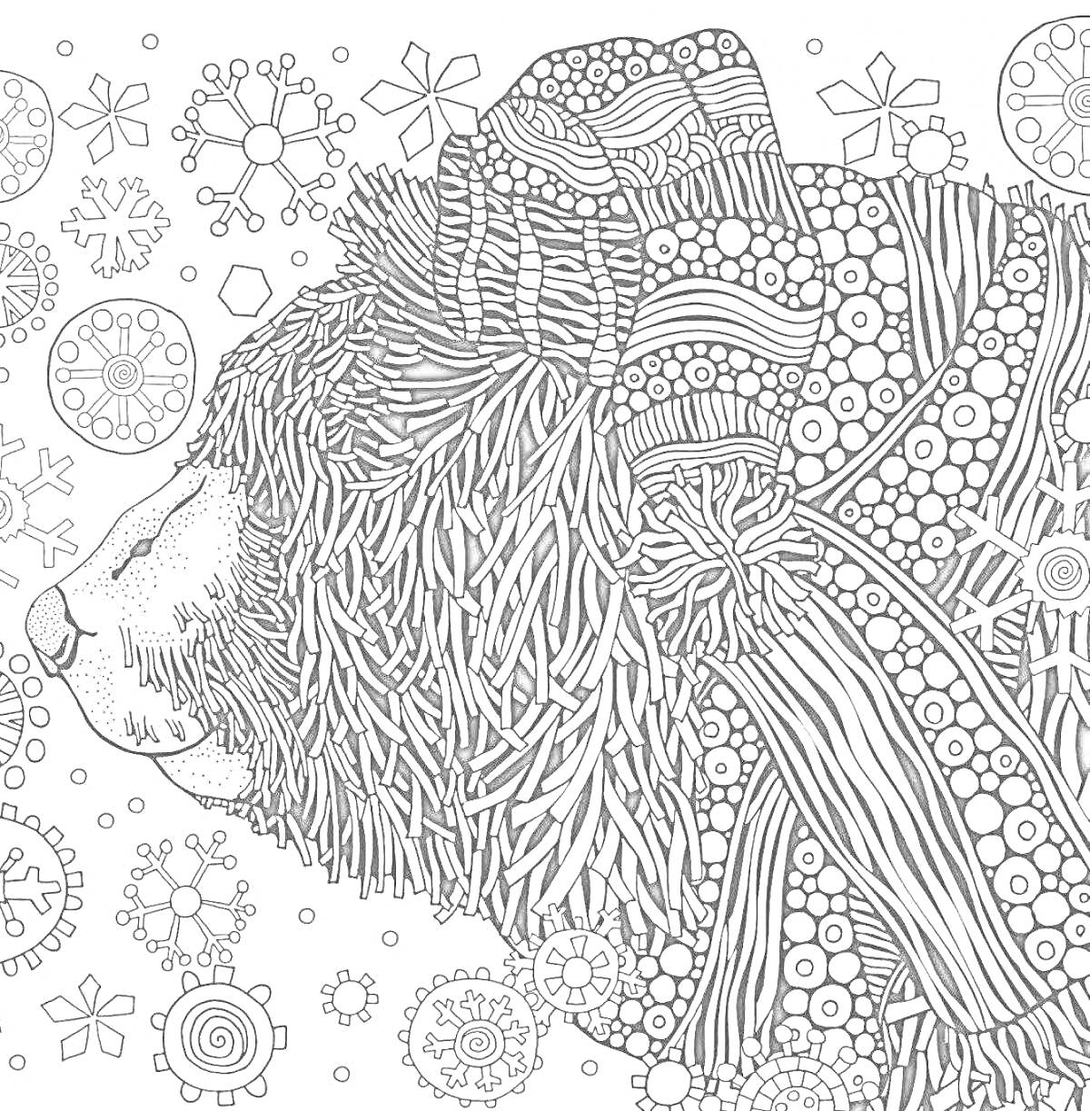 Раскраска Зимний медведь в шапке и шарфе на фоне снежинок