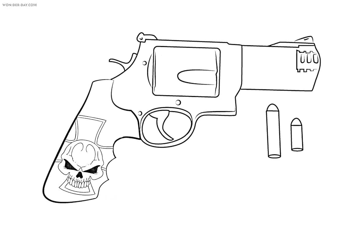 На раскраске изображено: Пистолет, Майнкрафт, Оружие, Череп, Патроны