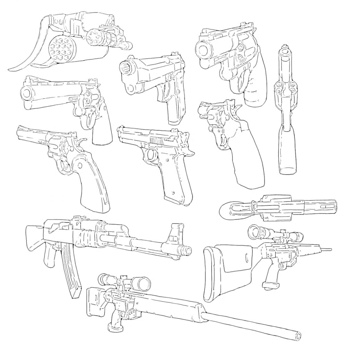 Раскраска Стендов 2 оружие - револьверы, пистолеты, гранатомёты, автоматы и снайперская винтовка
