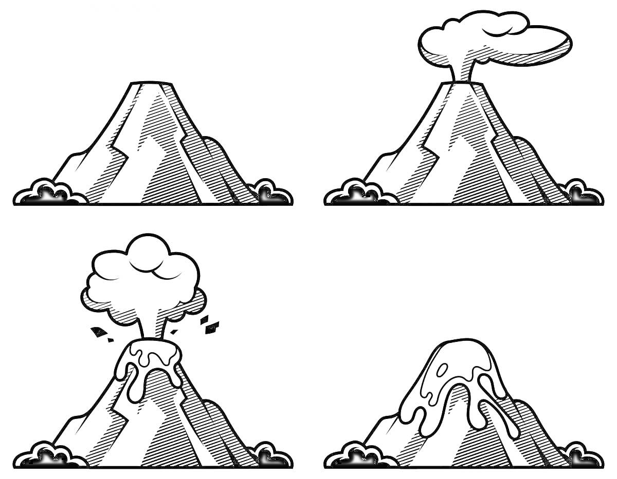 Вулканы на разных стадиях извержения с облаками дыма и лавой