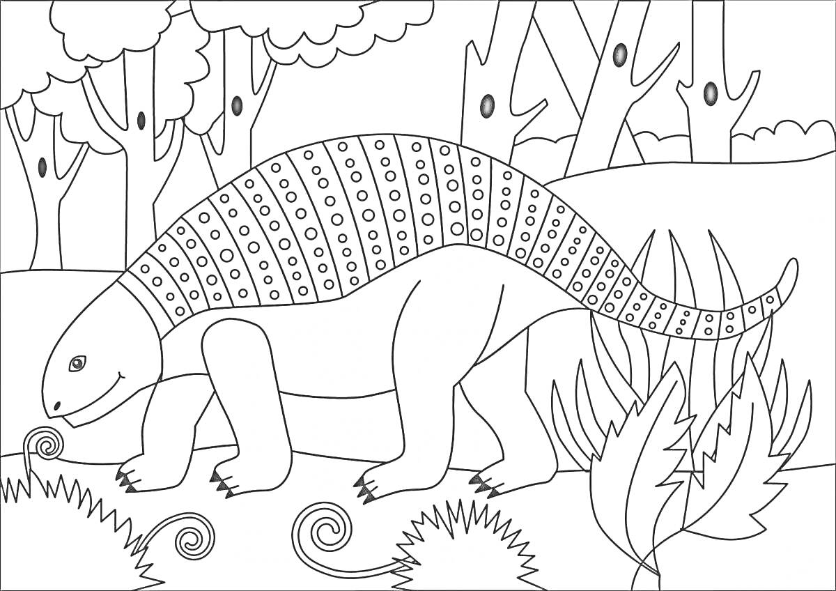 Раскраска Анкилозавр в лесу с деревьями и растениями