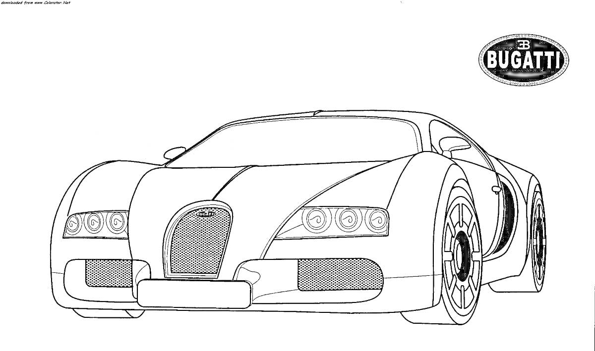 На раскраске изображено: Bugatti, Спорткар, Передняя сторона