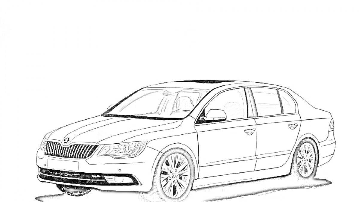 Раскраска Шкода Октавия, седан с четырьмя дверями, передними и задними фарами, боковыми зеркалами, передним бампером и колесными дисками
