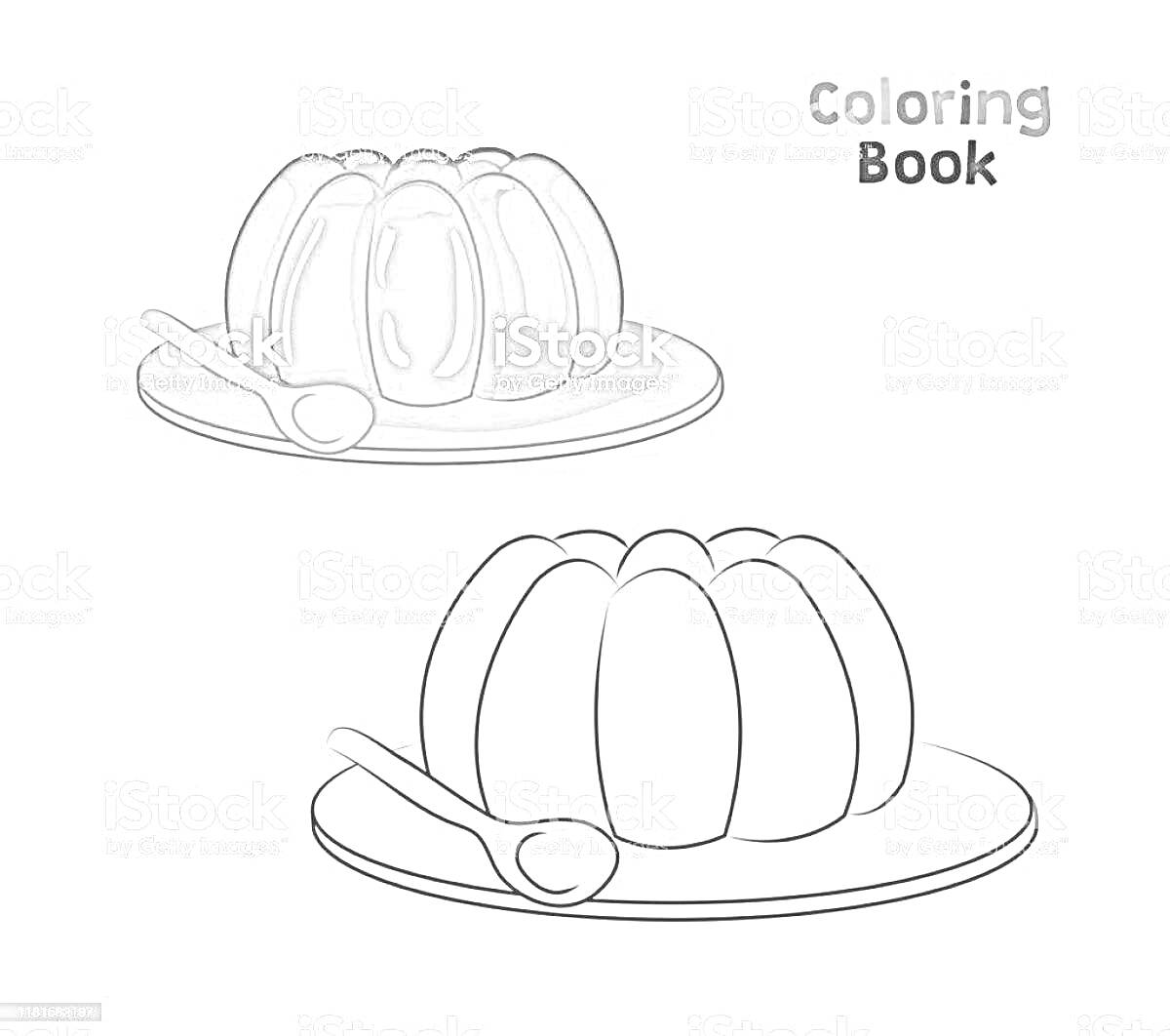 Раскраска Желе на тарелке с ложкой