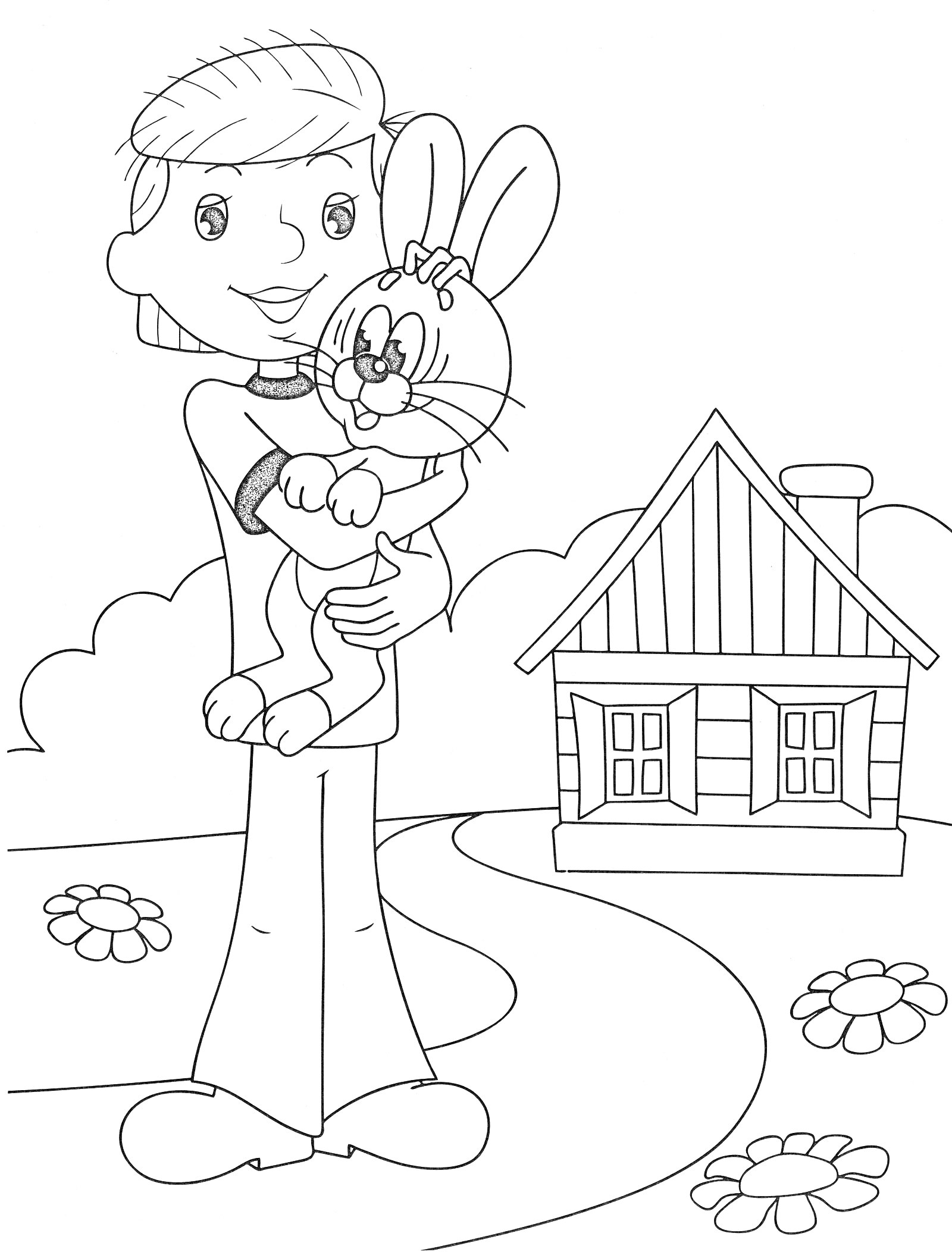 На раскраске изображено: Мальчик, Кролик, Дом, Деревенский пейзаж, Цветы, Природа, Дядя фёдор, Дороги