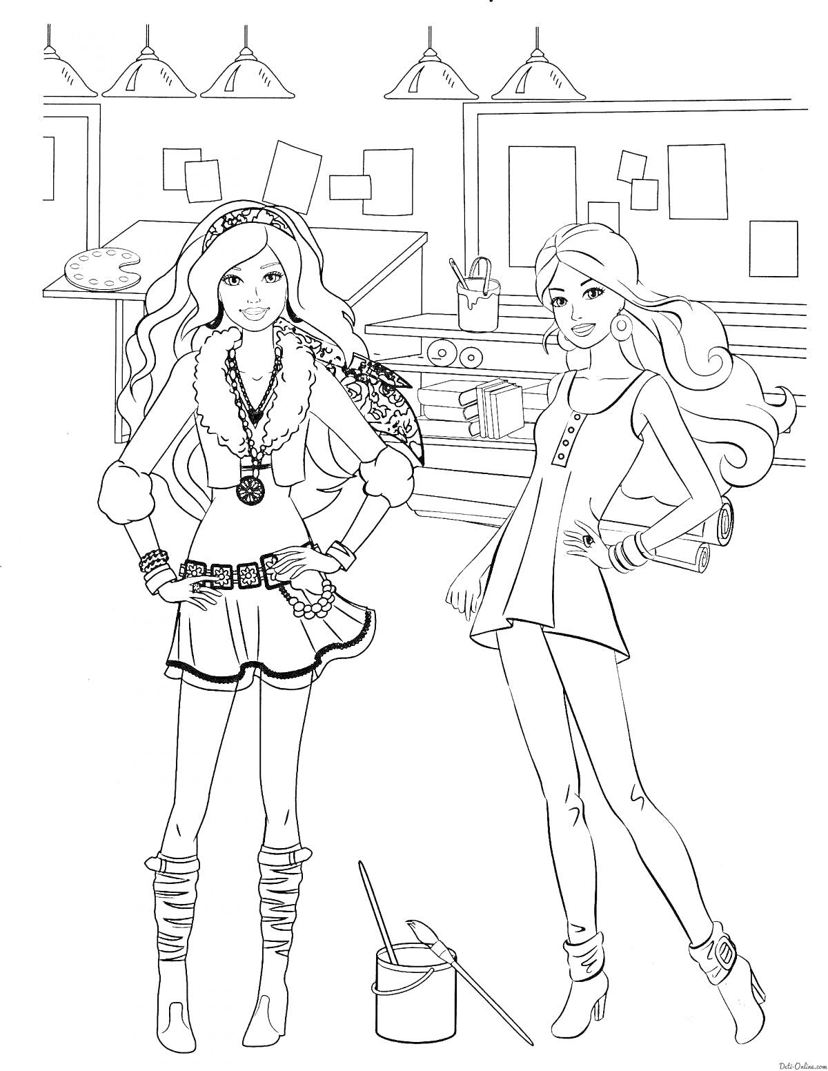 Раскраска Две девушки Барби в модных нарядах в комнате с полками и предметами
