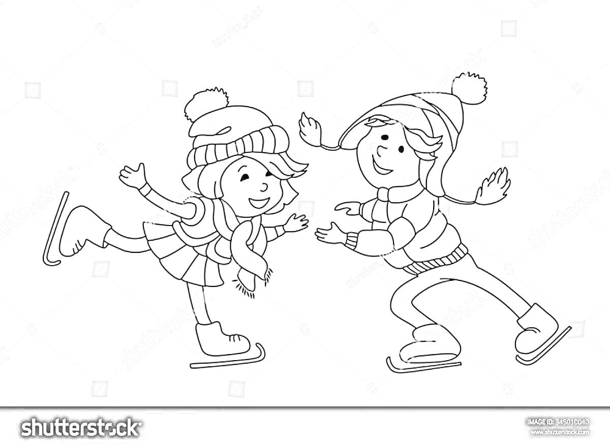 На раскраске изображено: Девочка, Мальчик, Каток, Коньки, Зима, Свитера, Зимняя одежда, Зимние забавы