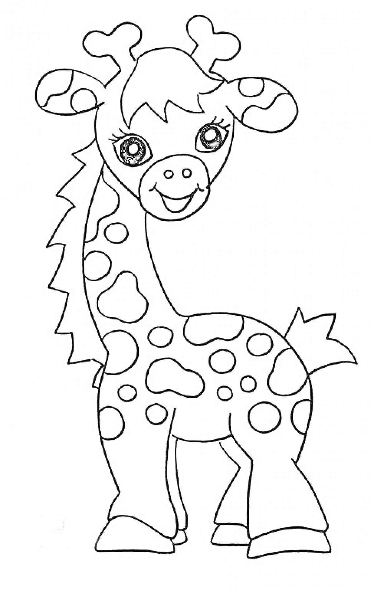 Раскраска Милый мультяшный жираф с пятнами и большими глазами