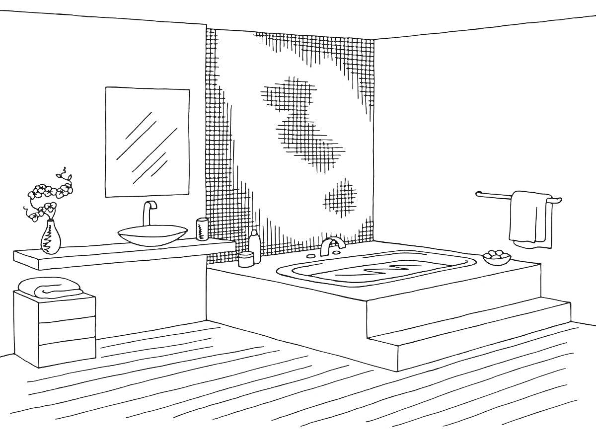 Раскраска Ванная комната с цветами, умывальником и ванной на подиуме