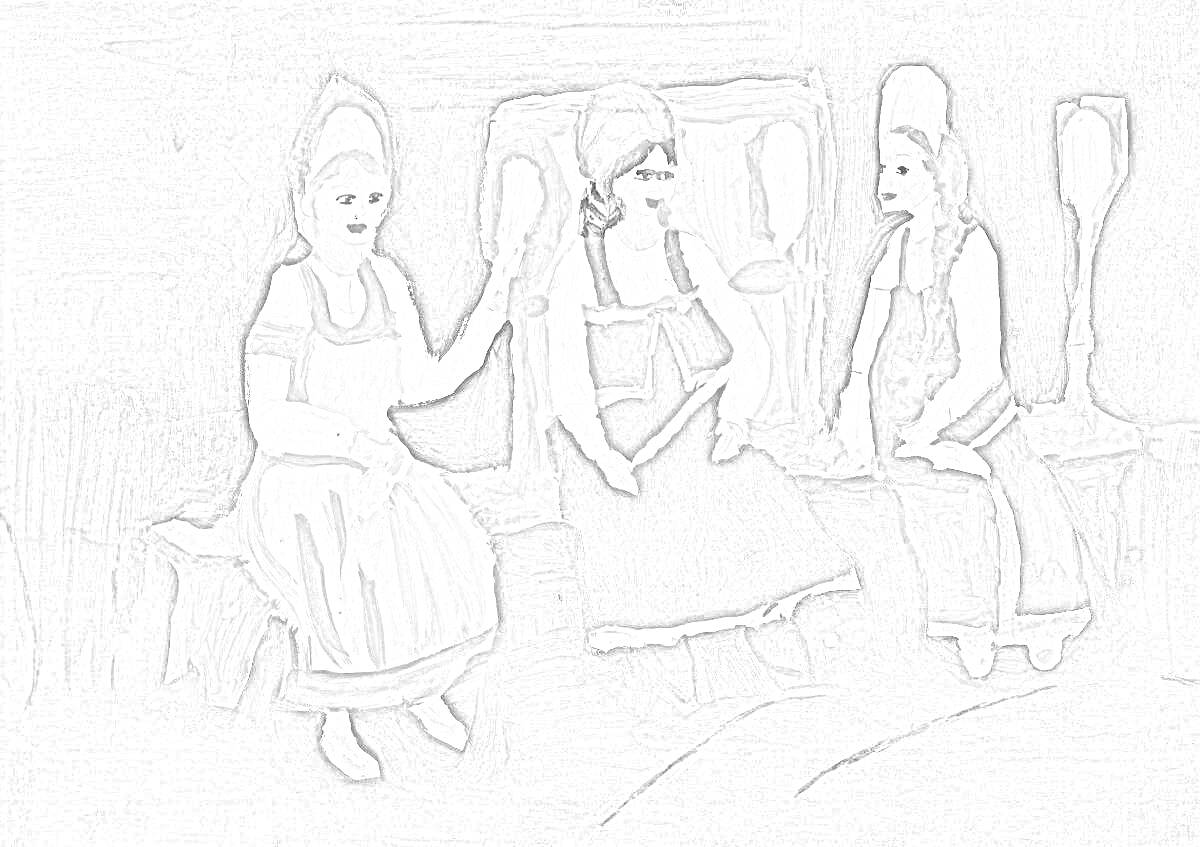 Раскраска Три девицы под окном, сидят на лавке в традиционных нарядах, свечи по бокам