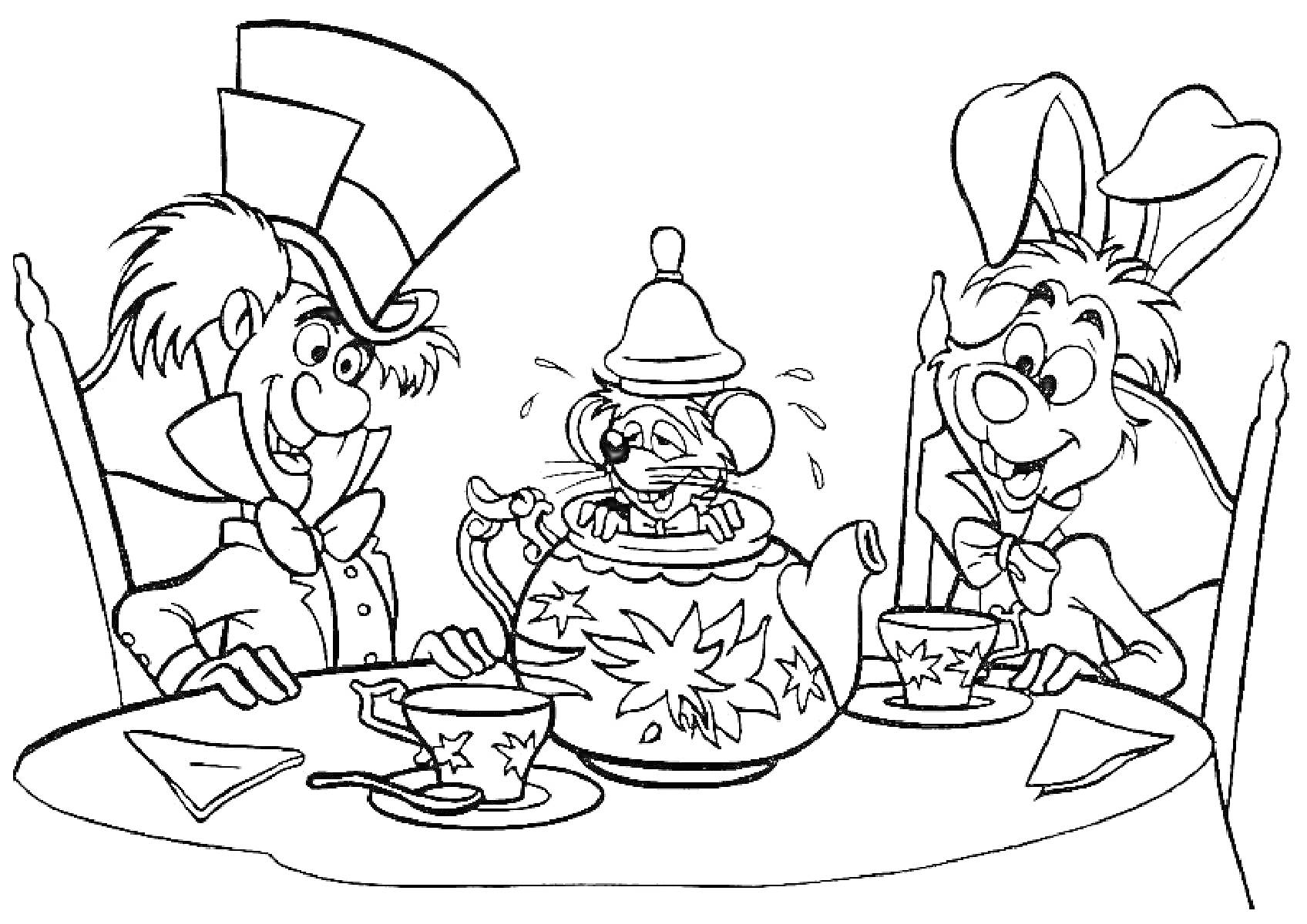 Раскраска Чаепитие с Безумным Шляпником, Соней и Белым Кроликом, сидящими за столом с чайником и чашками