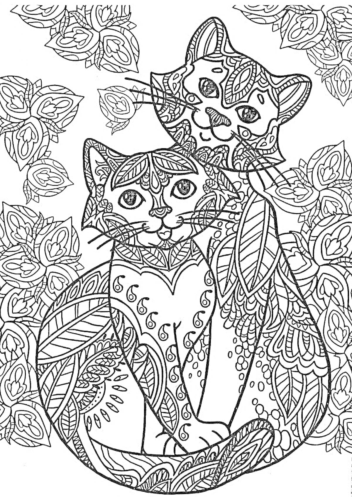 Раскраска антистресс раскраска с двумя котятами и цветами, узоры, ломаные линии, цветочные элементы