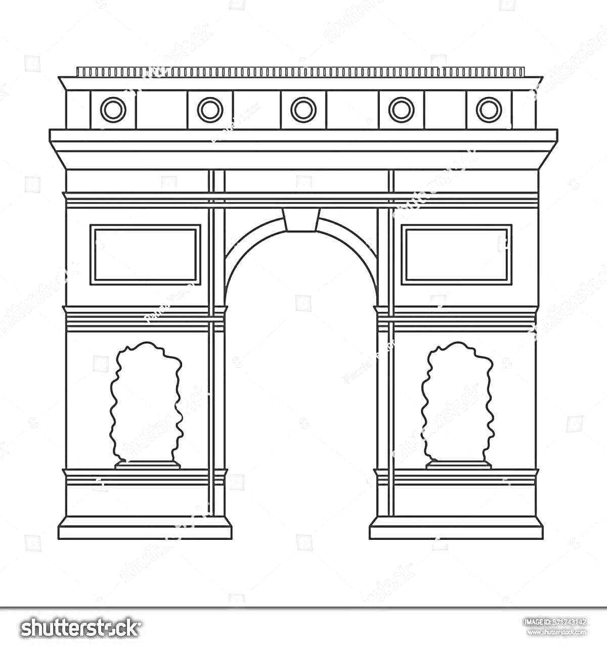На раскраске изображено: Триумфальная арка, Архитектура, Арка, Декоративные элементы, Колонны, Контурные рисунки