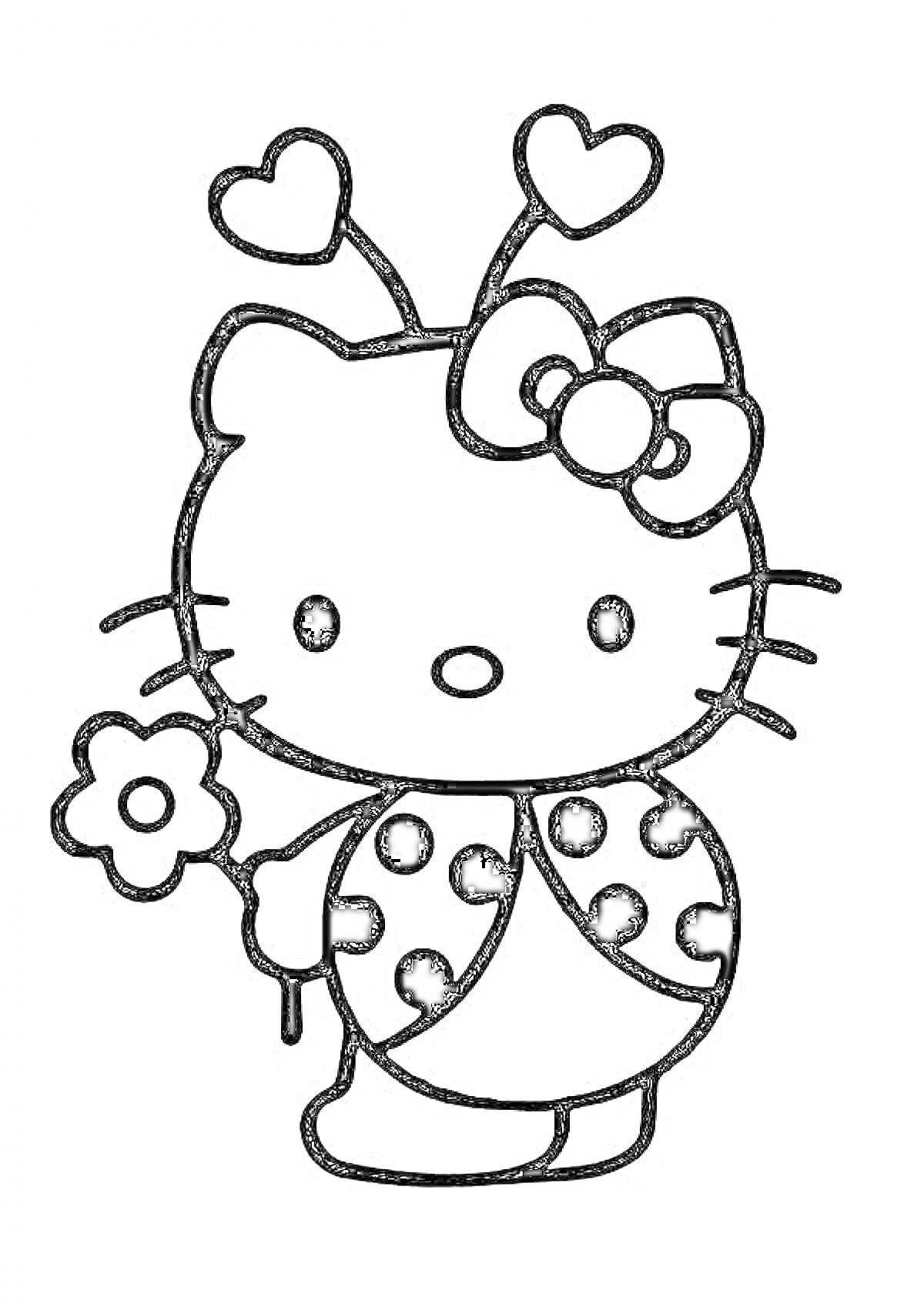 Раскраска Hello Kitty переодетая в костюм божьей коровки с цветком в лапке и антенками на голове в форме сердечек