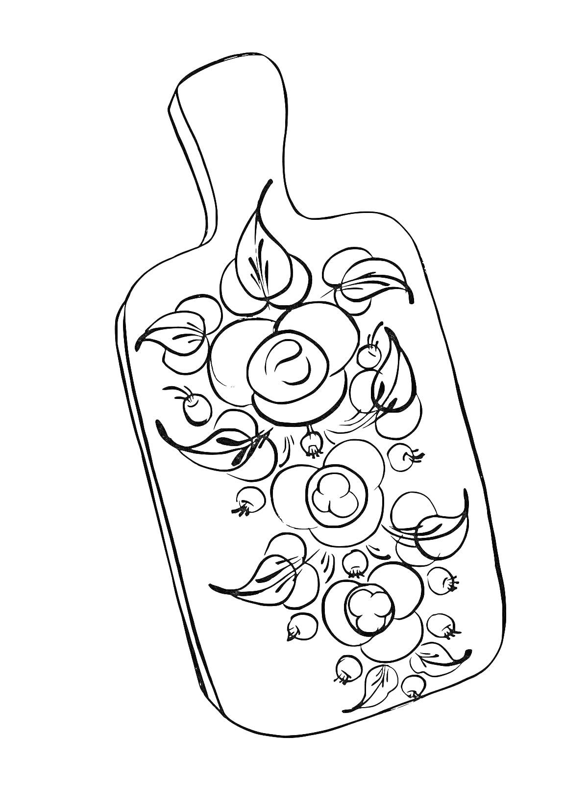 На раскраске изображено: Разделочная доска, Цветы, Листья, Ягоды, Орнамент, Кухонная утварь