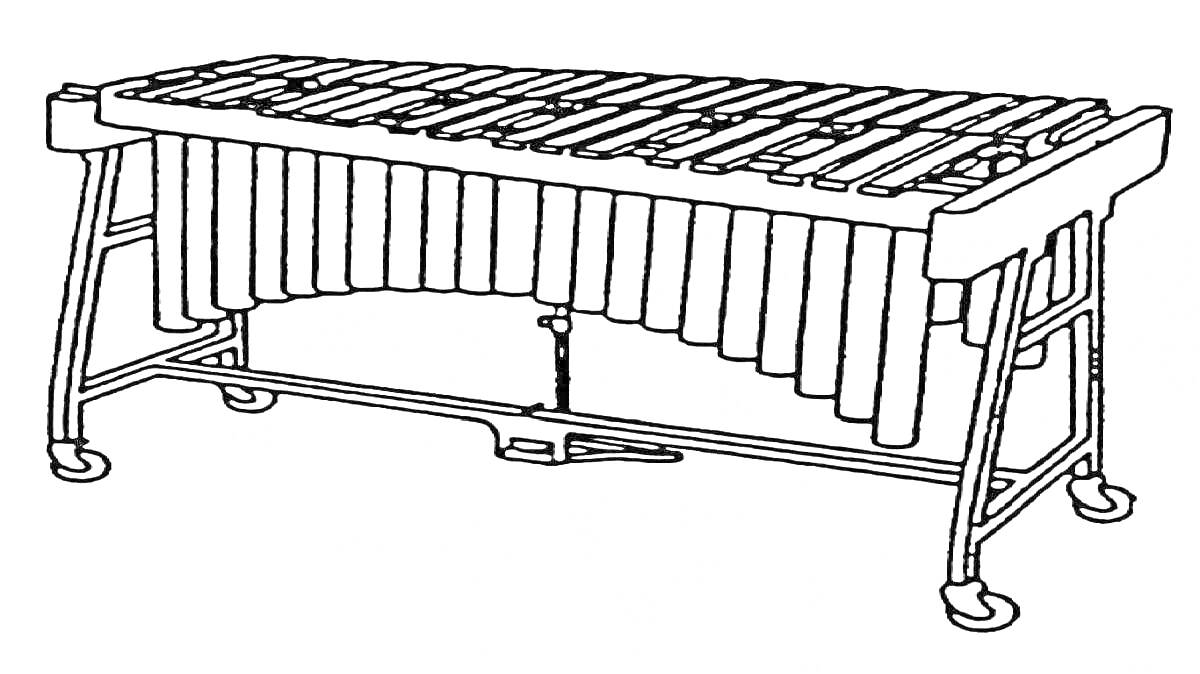 На раскраске изображено: Ксилофон, Музыкальный инструмент, Колеса, Ножки