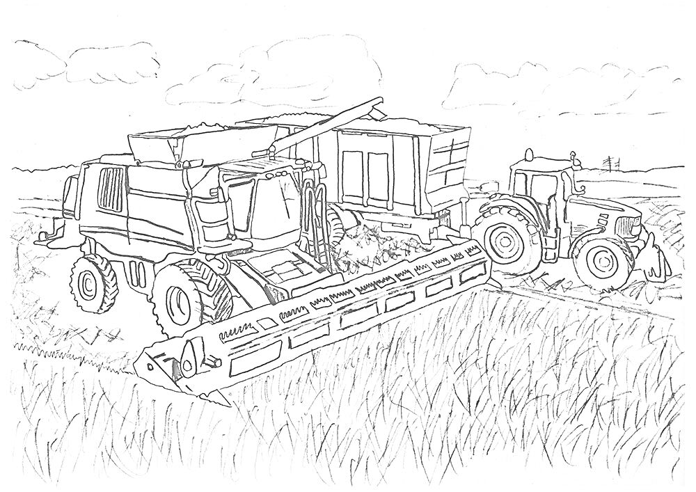 Раскраска Комбайн и трактор на поле во время уборки урожая