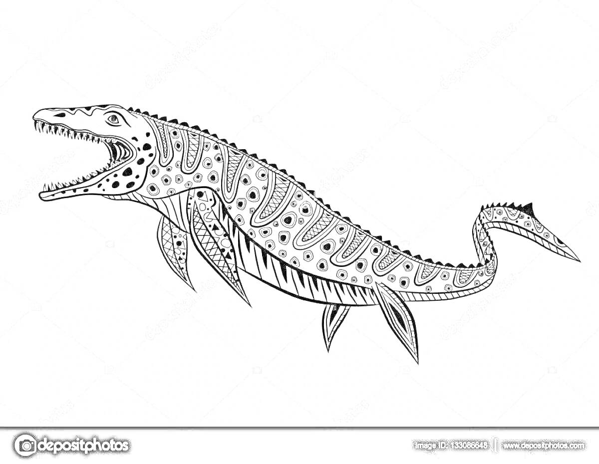 Раскраска Мозазавр с открытой пастью и узорчатой раскраской, боковой вид, контурное изображение для детей