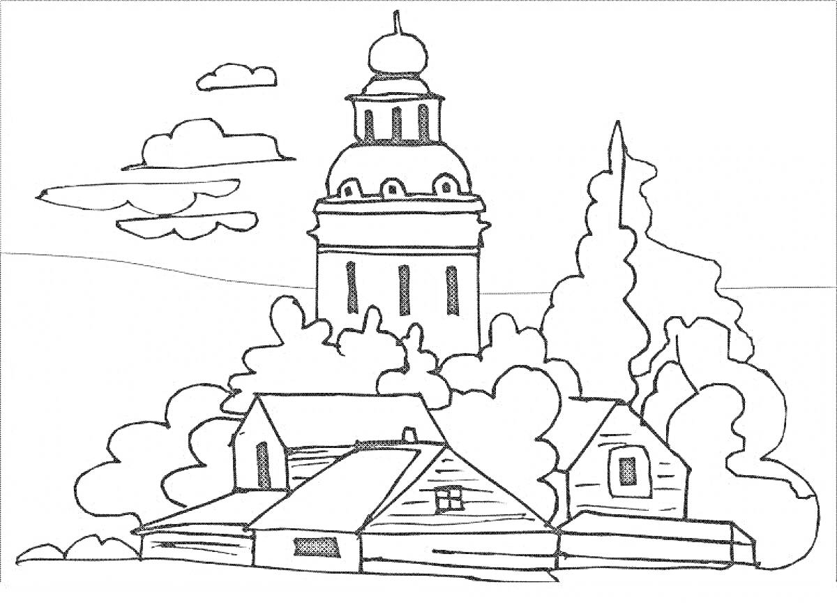 Раскраска Деревня с церковью на заднем плане, дома и деревья на переднем плане