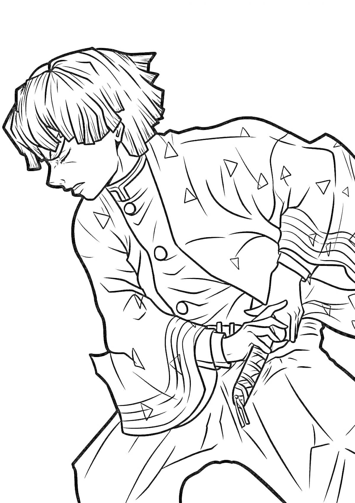 Раскраска Зеницу Агацума готовится к атаке с мечом в руке
