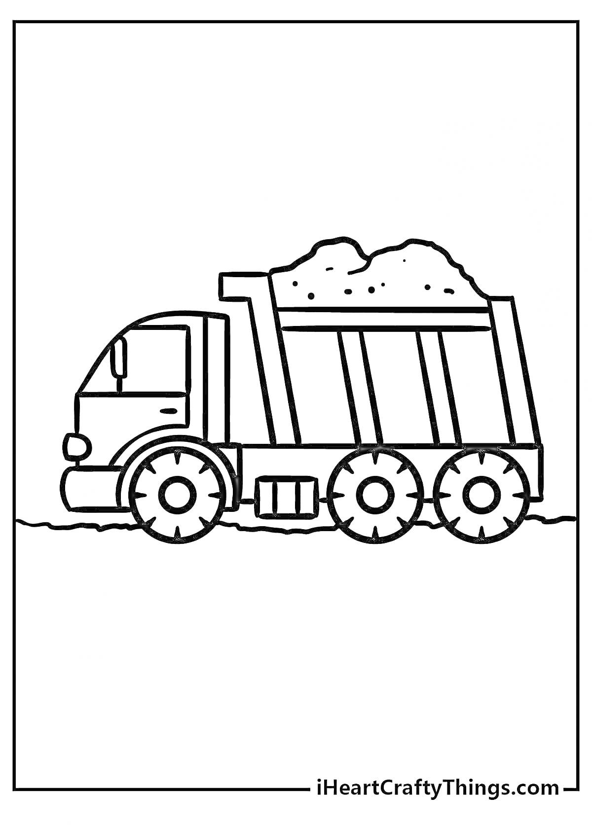На раскраске изображено: Мусоровоз, Земля, Для детей, Три колеса, Кузов, Простая линия, Транспорт