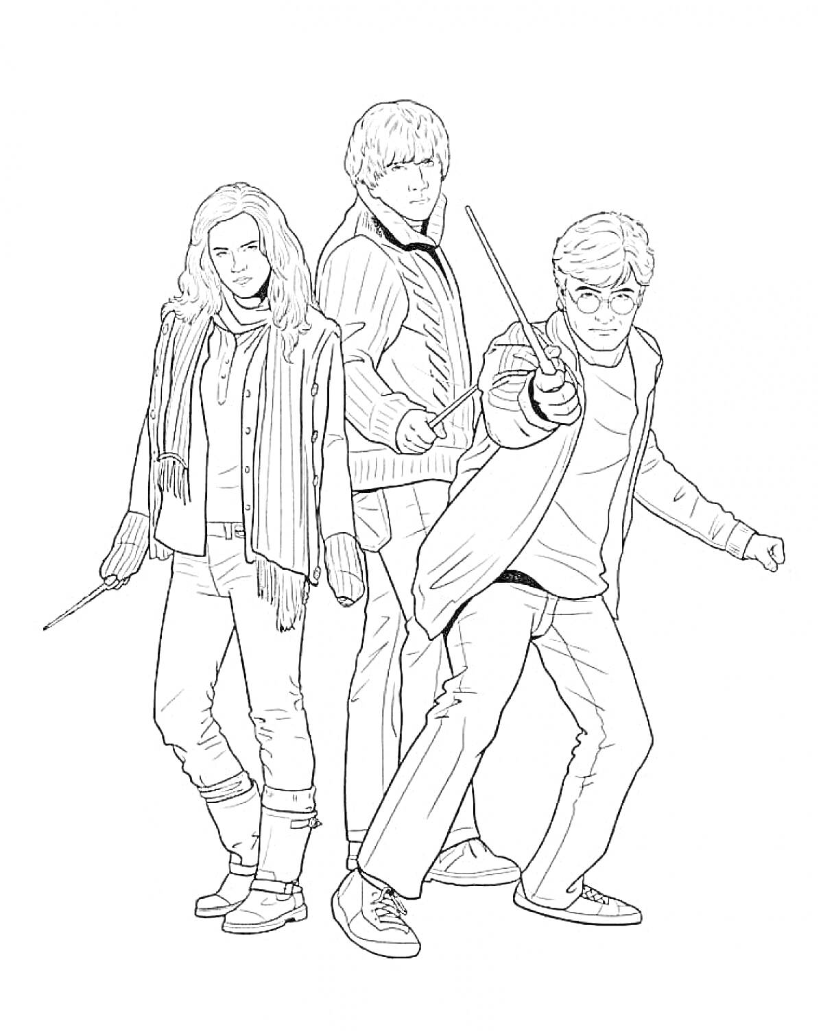 Раскраска Три человека с волшебными палочками из мира Гарри Поттера