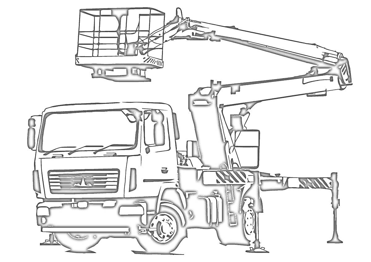 Раскраска Автовышка с платформой и выдвижным механизмом на грузовом автомобиле