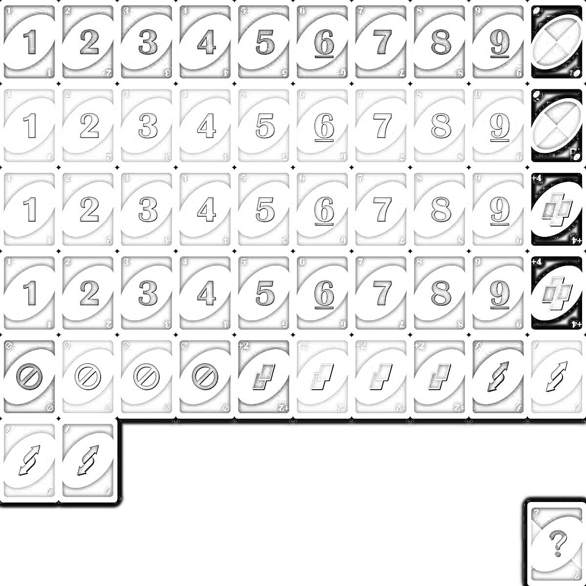 карточка уно - числа от 0 до 9, пропуск хода, смена направления, плюс два, смена цвета, плюс четыре