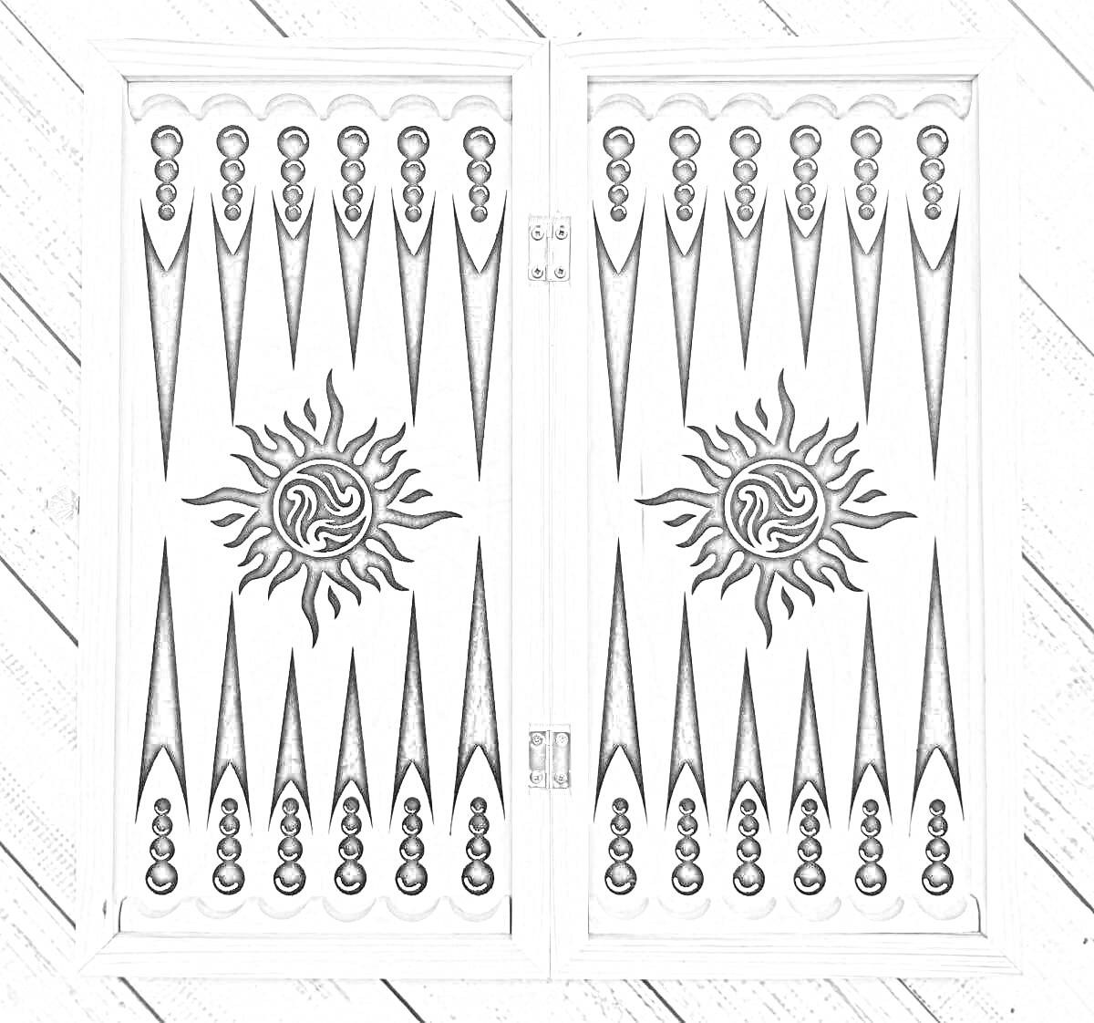 Раскраска Нарды с узором солнца и стрелками внутри игрового поля, резные деревянные створки