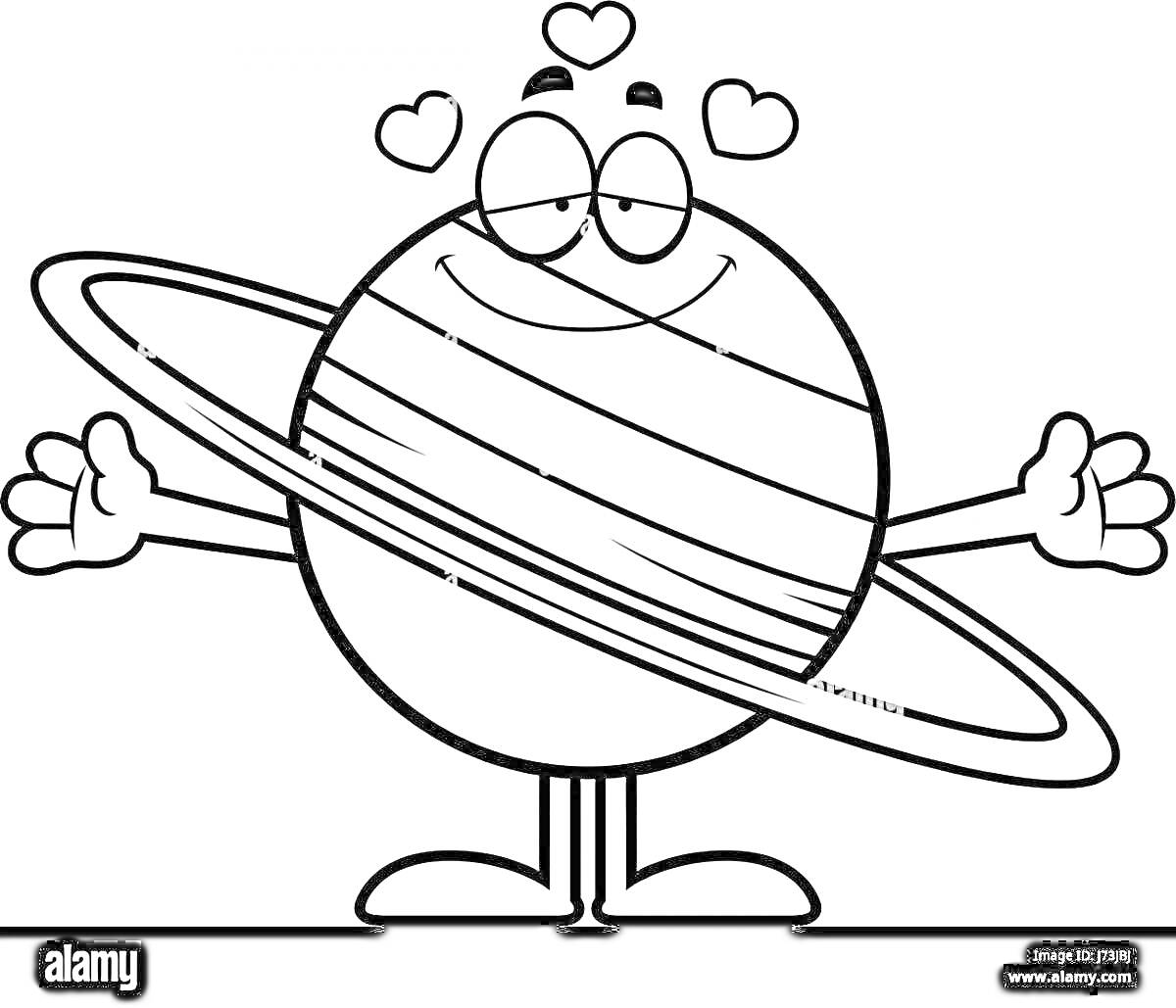 Раскраска Планета с кольцами, сердечки, руки и ноги