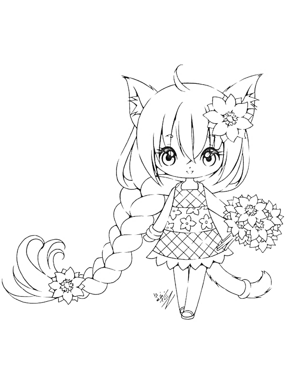 Раскраска Девочка-котенок с длинной косой, в платье с цветами и букетом цветов