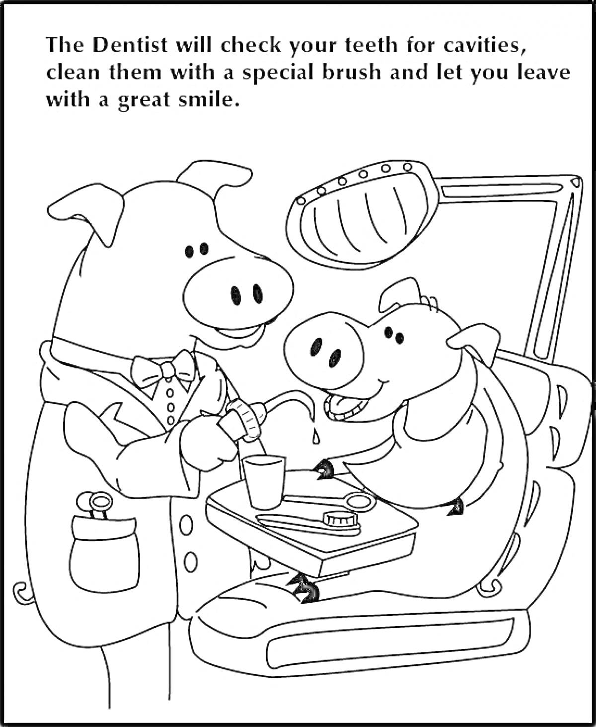 Поросёнок-стоматолог осматривает зубы пациента-поросёнка, стоматологическое кресло, аксессуары для стоматологии