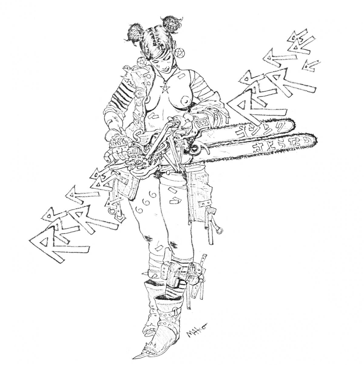 Раскраска Девушка с двумя бензопилами в руках, меховые ботинки, боевая экипировка, текстовые граффити на заднем фоне.