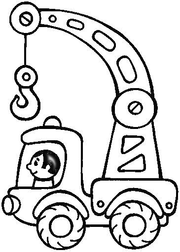 На раскраске изображено: Подъемный кран, Строительная техника, Человек, Крюк, Колеса, Конструкция, Кабина водителя