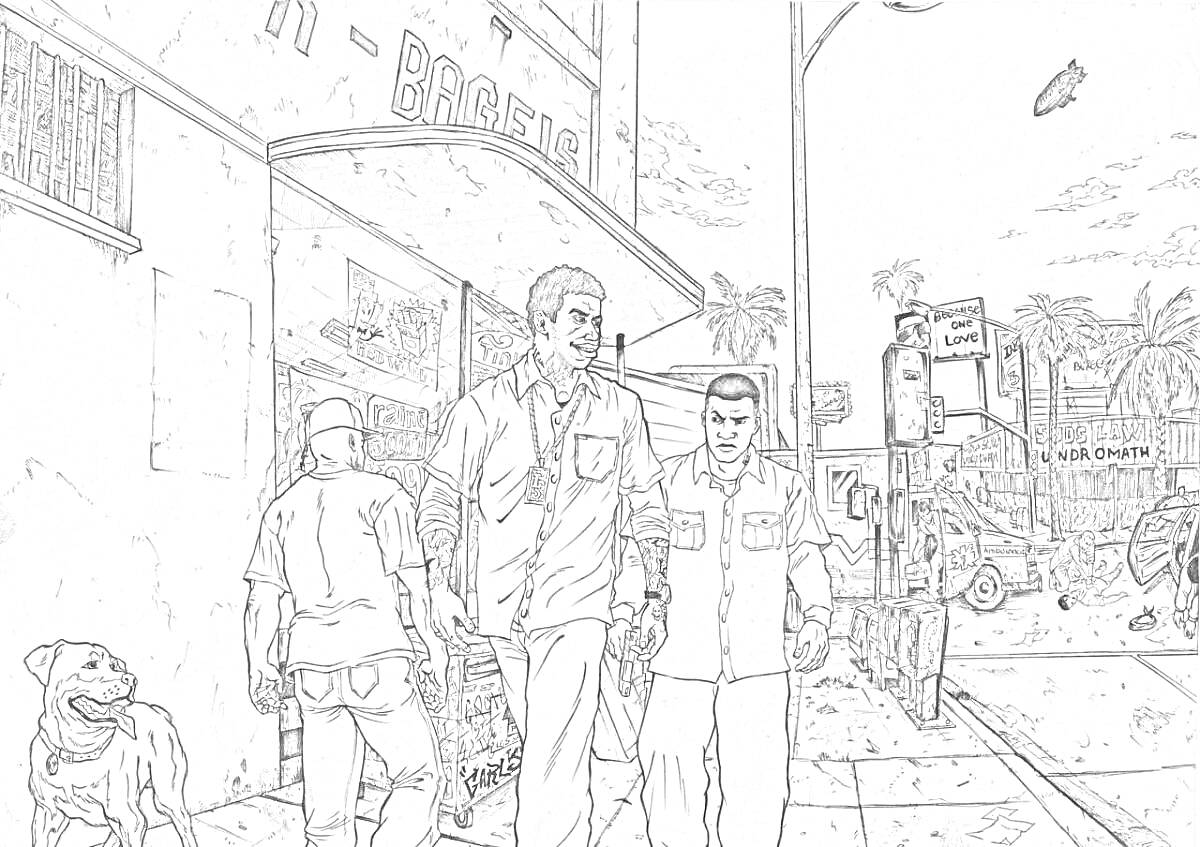 Раскраска Улица в Лос-Сантосе: трое мужчин, собака, магазин, пальмы, телефонная будка, автомобили, дорога, вывеска 
