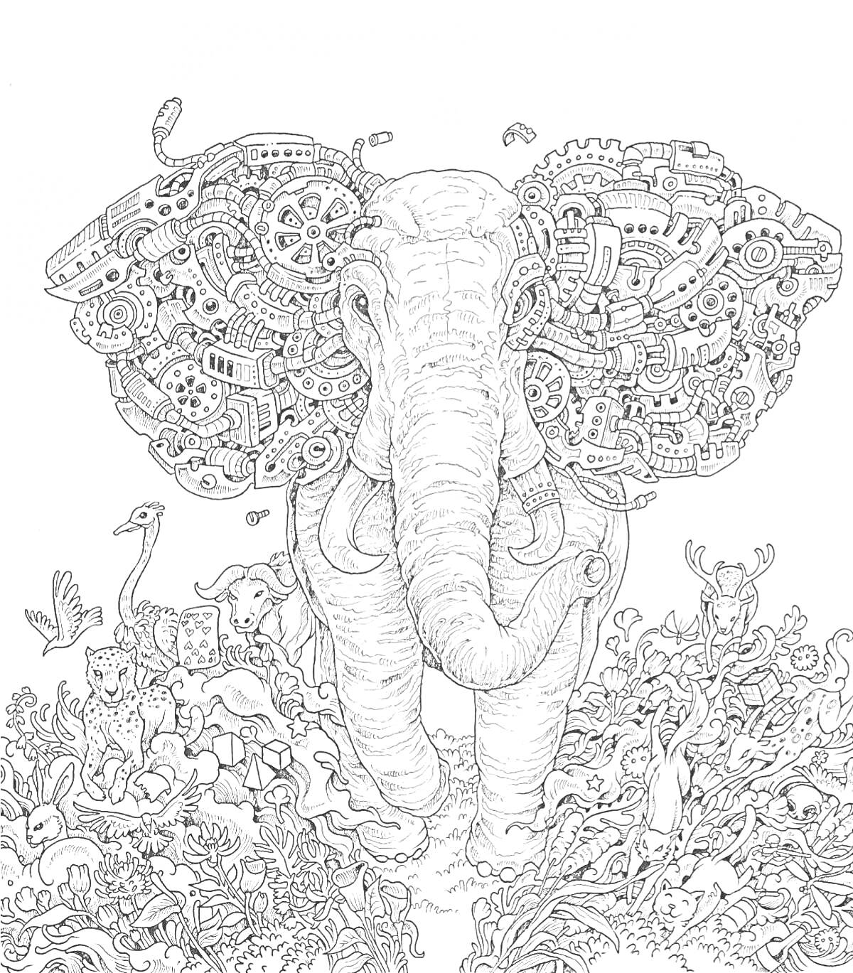 слон с ушами из шестеренок и механизмов, окружённый животными и растительностью