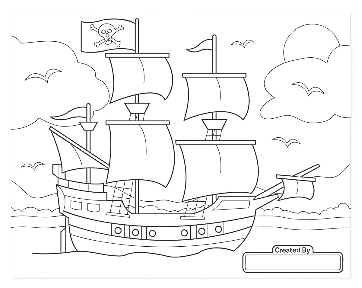 Раскраска Пиратский корабль с флагом, парусами, пушкой на корме, птицами и облаками на заднем плане