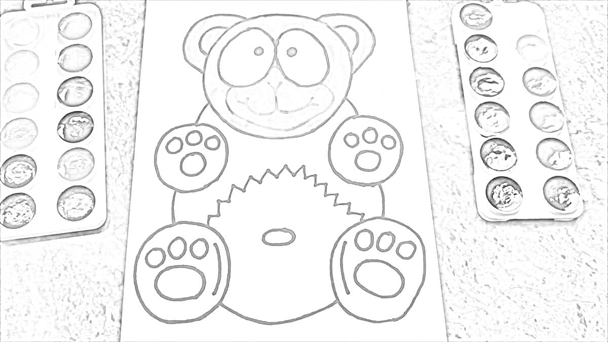 На раскраске изображено: Медведь, Краски, Художественные материалы, Зеленый фон, Детское творчество, Контурное изображение
