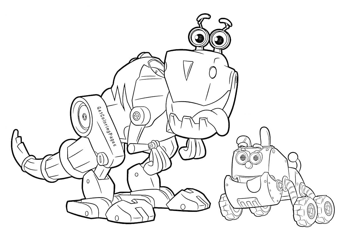 Роботы-динозавр и малыш-робот с колесами
