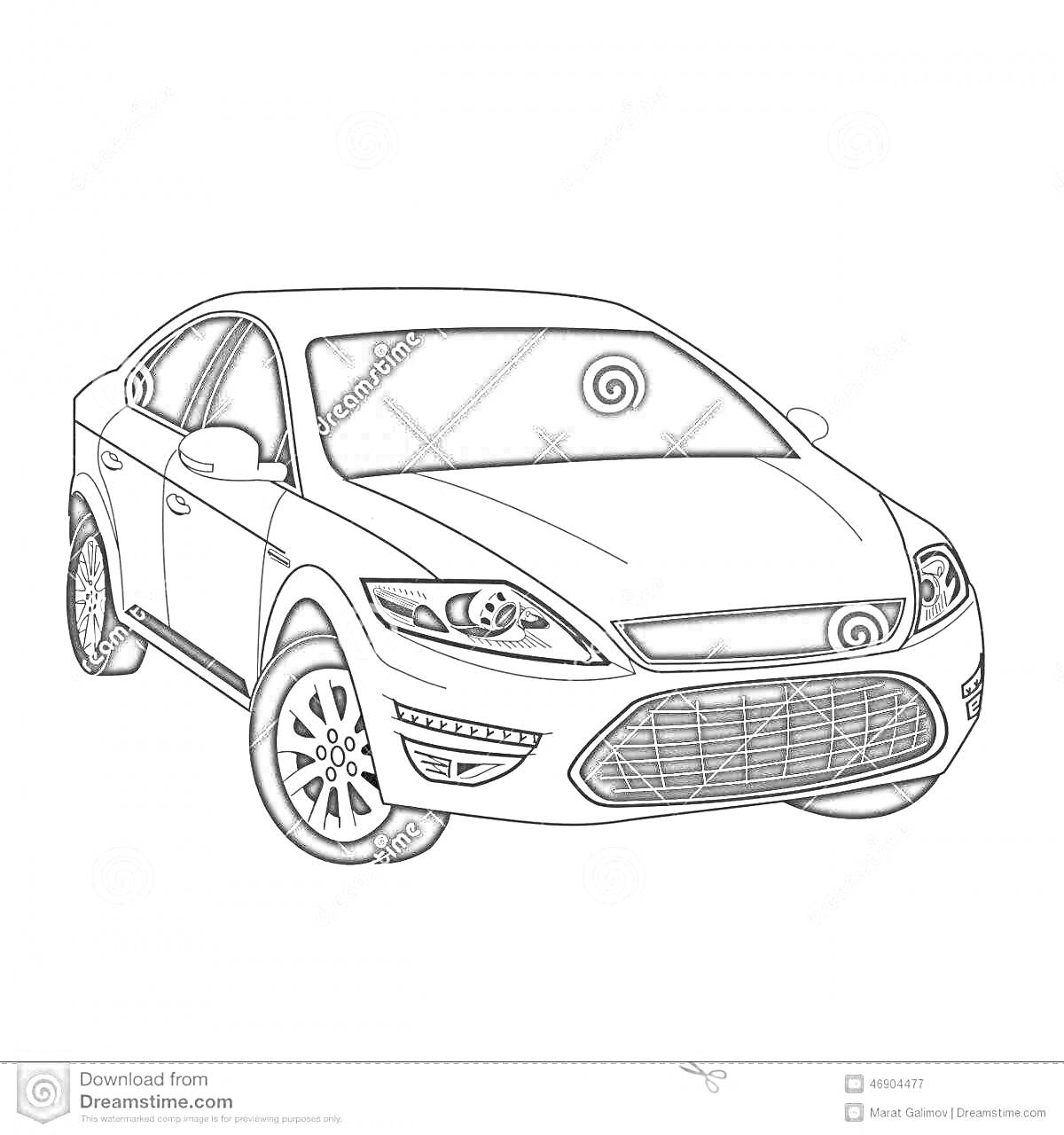 Раскраска Форд Мондео со всеми деталями - колеса, фары, решетка радиатора, зеркала, окна