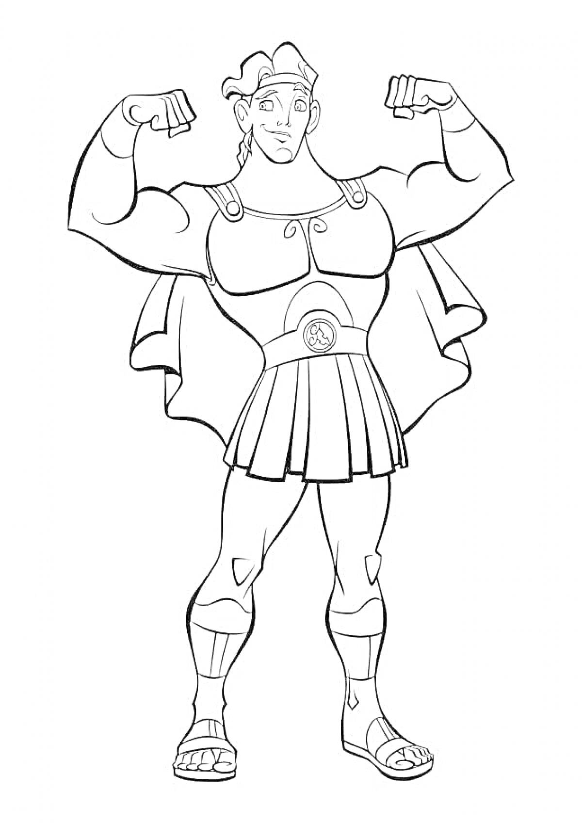 Раскраска Геракл в шлеме и доспехах, демонстрирующий силу, с поднятыми руками и в сандалиях