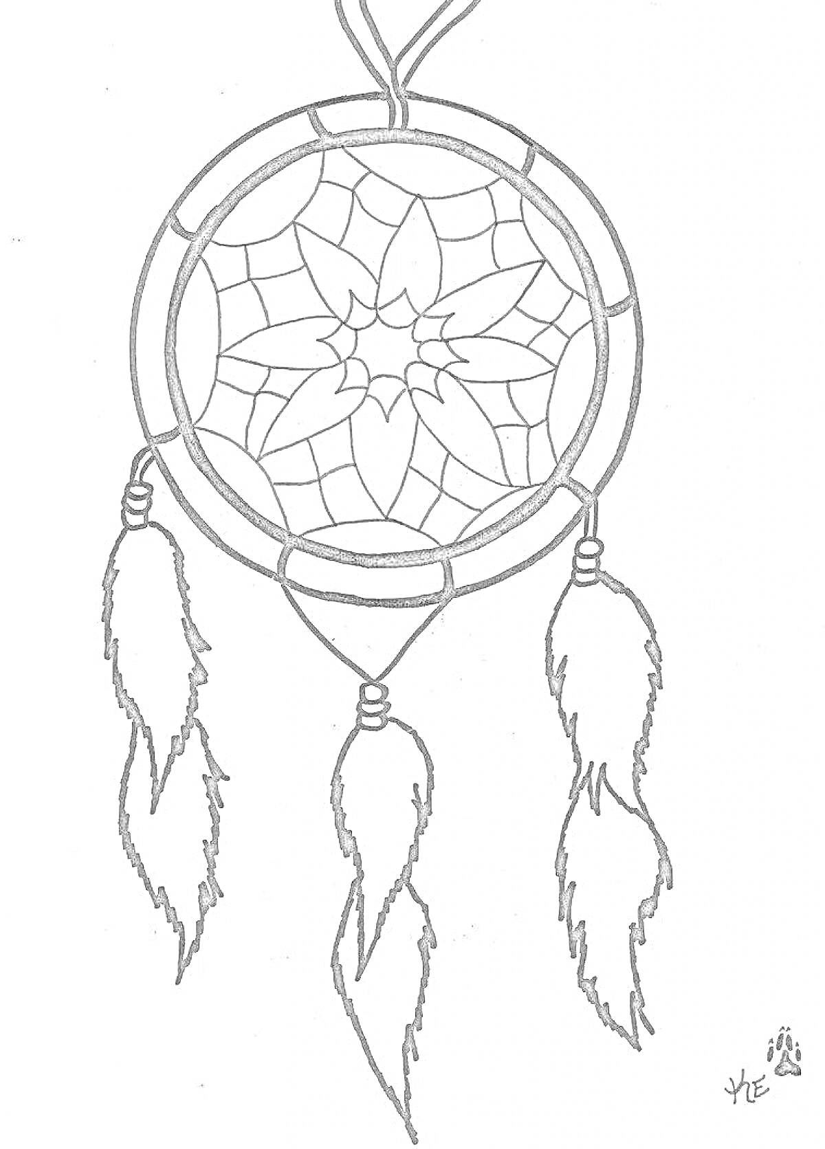 Раскраска Ловец снов с тремя перьями и цветочным узором в центре