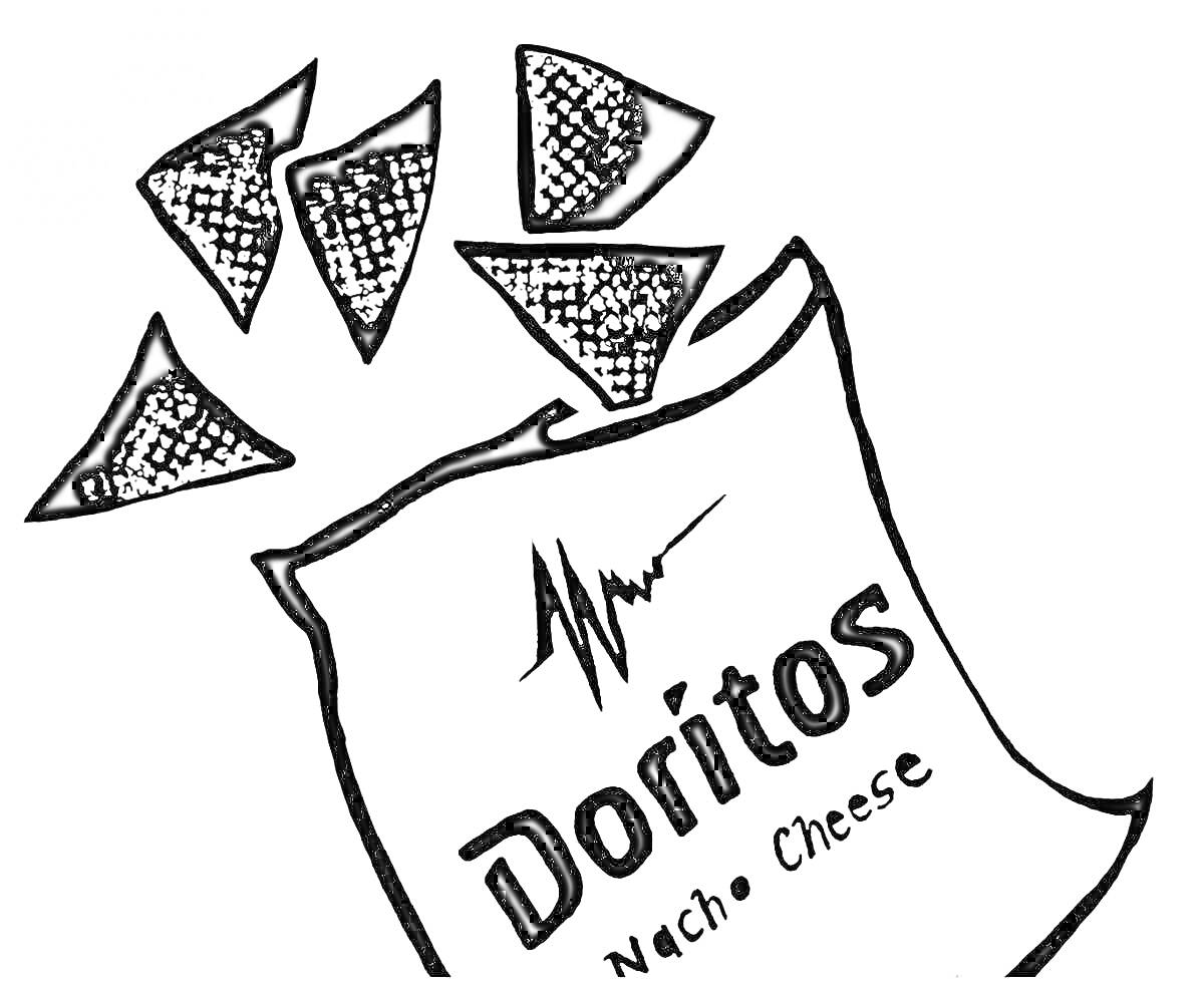 Раскраска пачка чипсов Doritos Nacho Cheese с высыпающимися чипсами