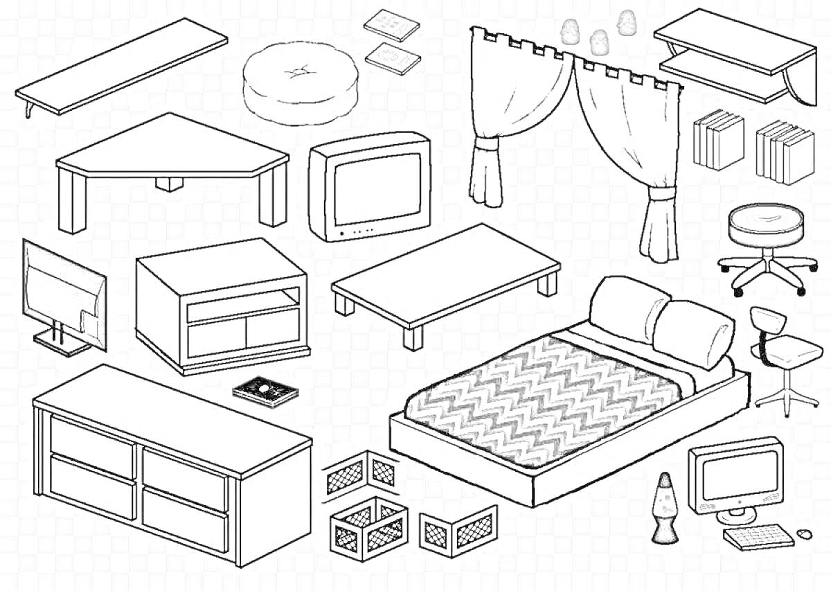 На раскраске изображено: Мебель, Комната, Стол, Телевизор, Ноутбук, Пуф, Стул, Компьютер, Шторы, Кубики, Лампа, Подставка, Полки