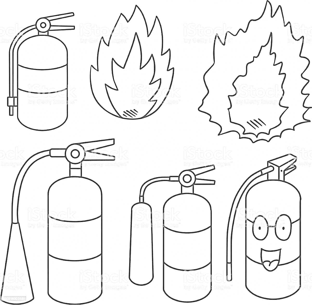 Раскраска Огнетушители и огонь разной формы