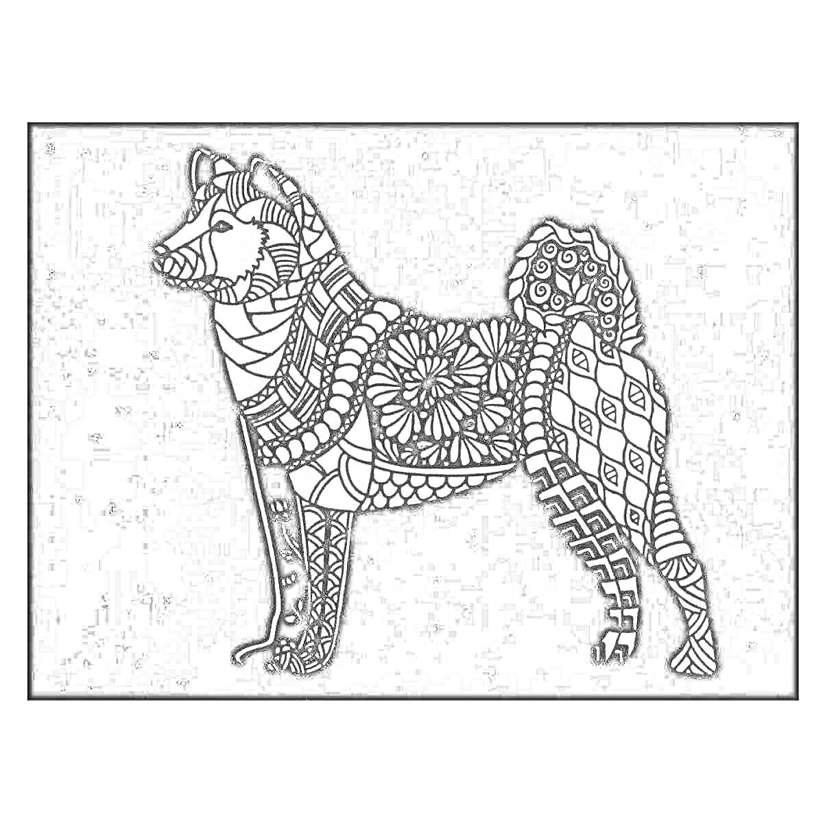 Раскраска Раскраска с изображением собаки с узорами на черном фоне