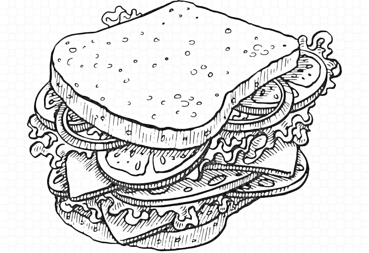 На раскраске изображено: Бутерброд, Хлеб, Салат, Сыр, Еда, Сэндвич