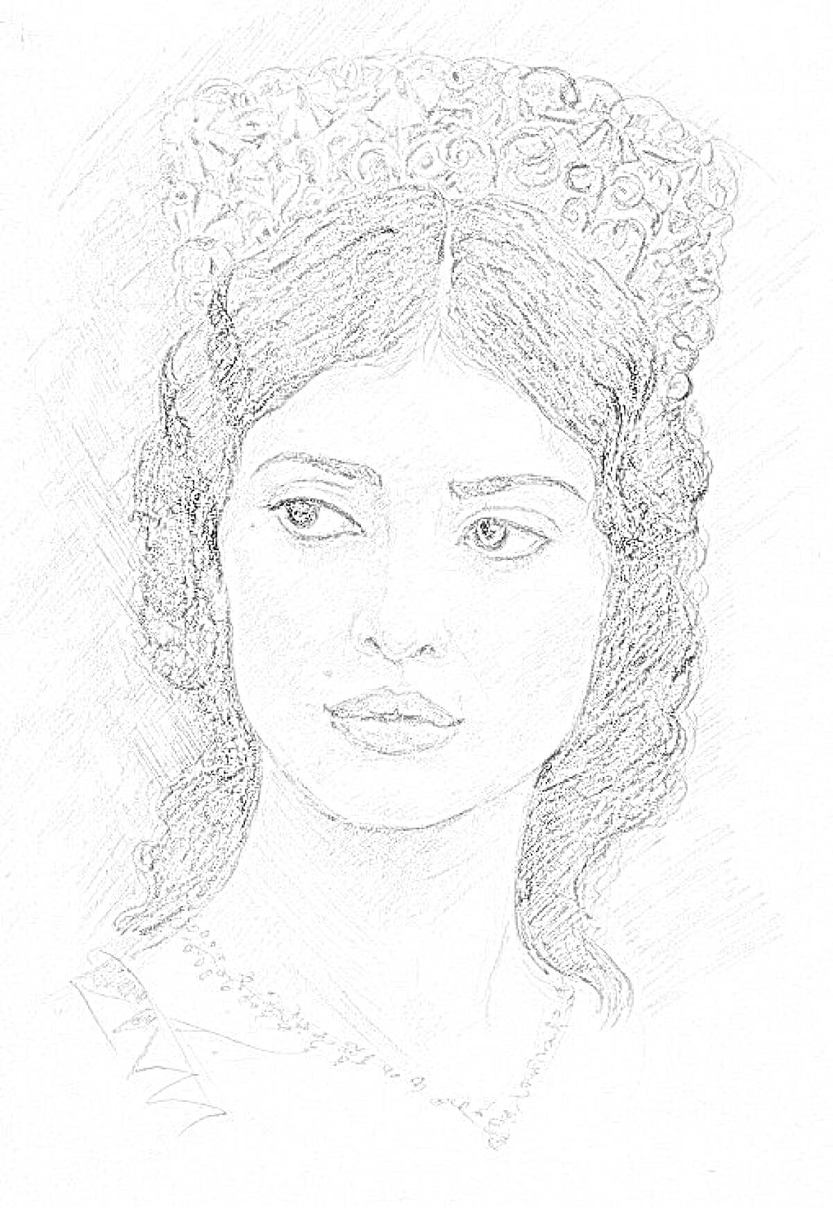 Раскраска Женский портрет с короной в стиле эпохи Возрождения