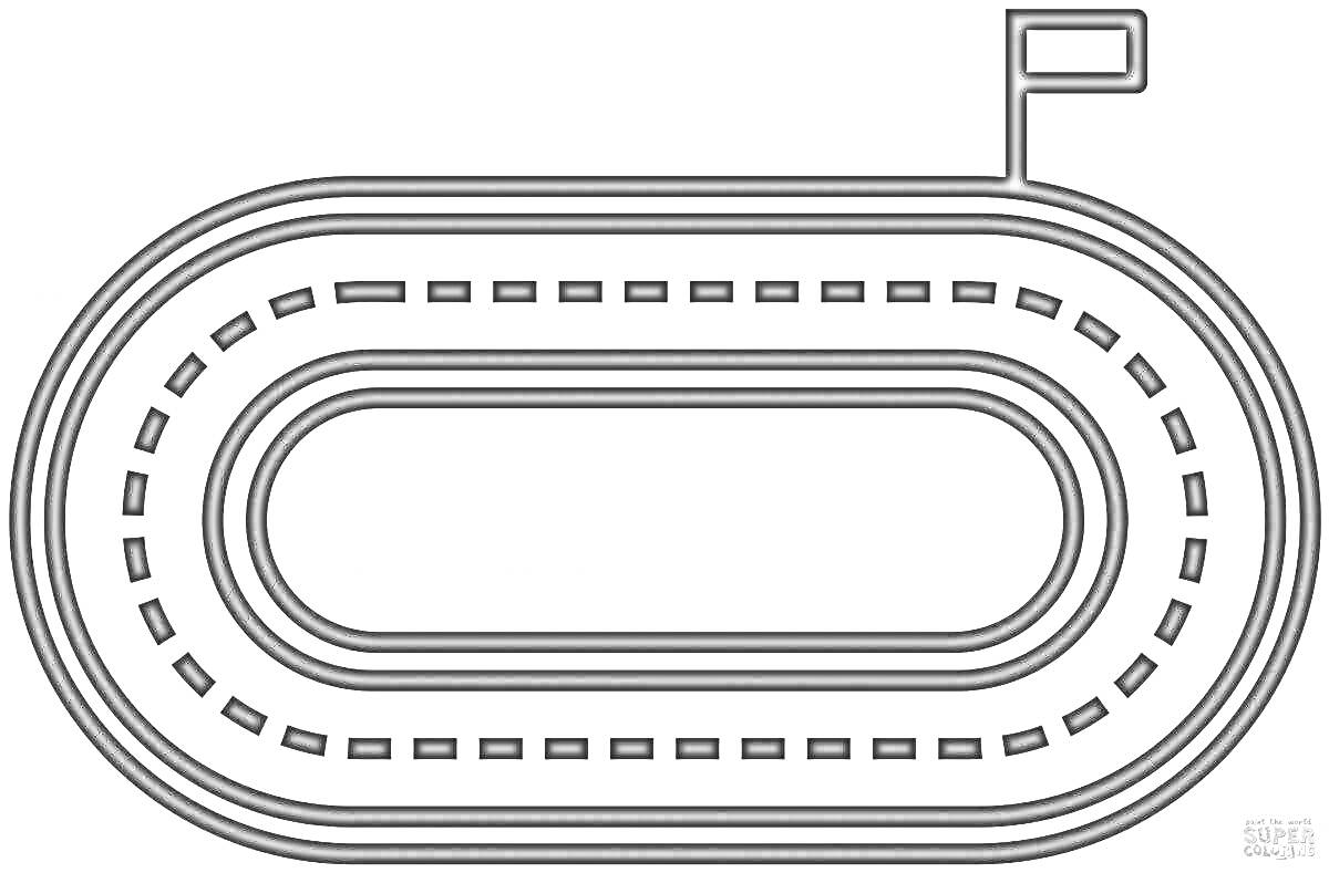 На раскраске изображено: Гоночная трасса, Финишный флаг, Овал, Линии