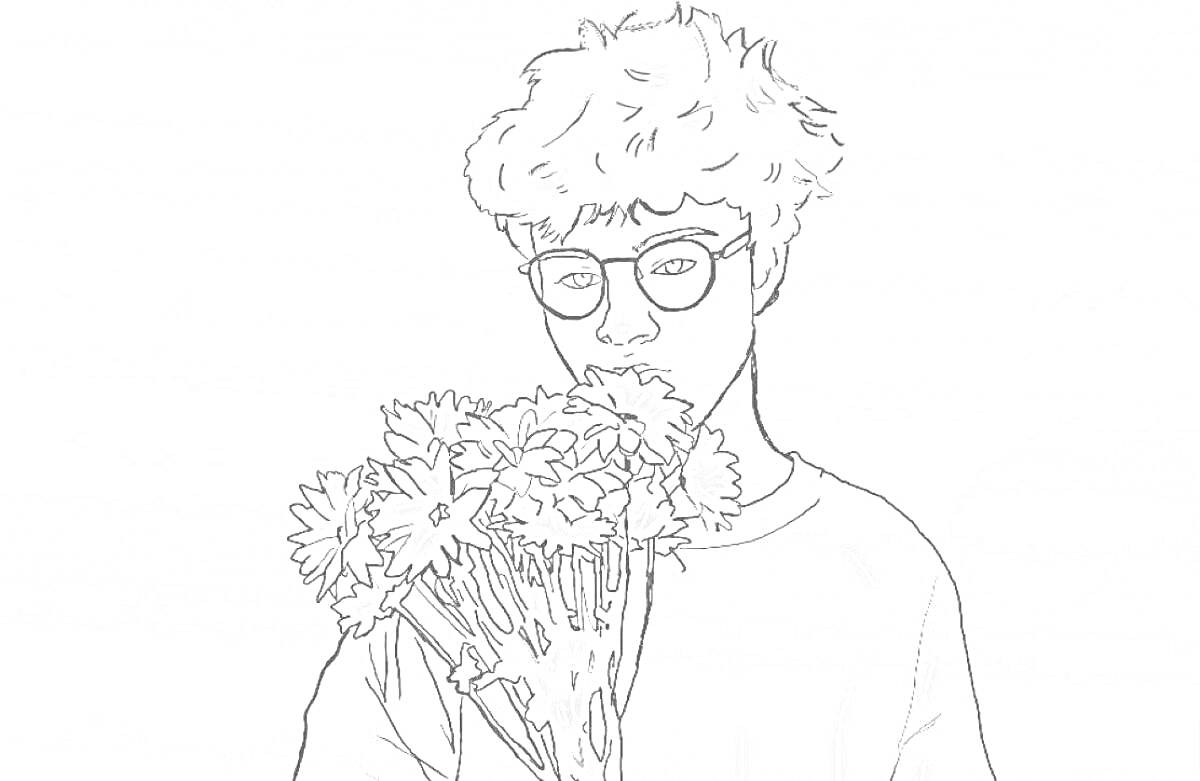 Раскраска Человек с букетом цветов, в очках